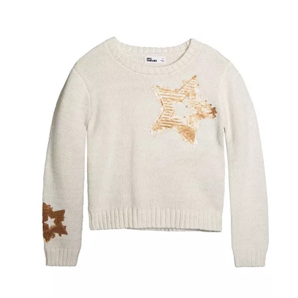 Epic Threads Sweater Girls Large Cream Gold Sequin Star Sparkle‎ Metallic Knit